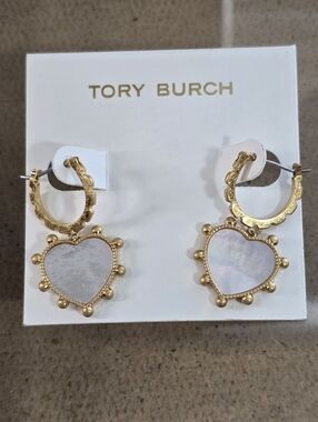 Tory Burch Gold Heart Drop Earrings with Mother-of-Pearl Centers
